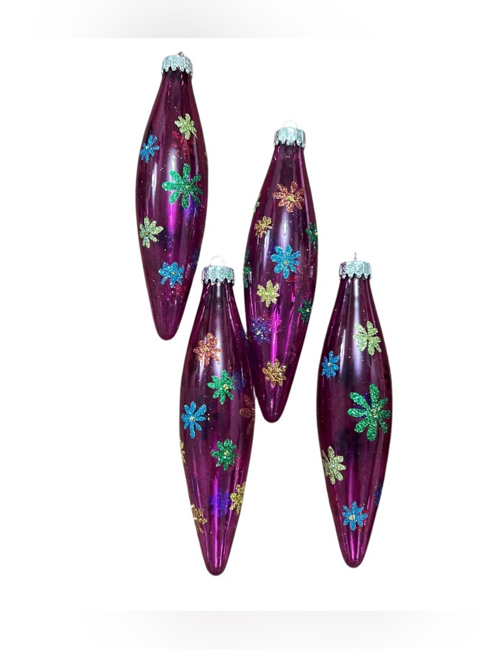 Vintage Sparkling Creations Purple Glass Icicle Christmas Ornaments Set of 4